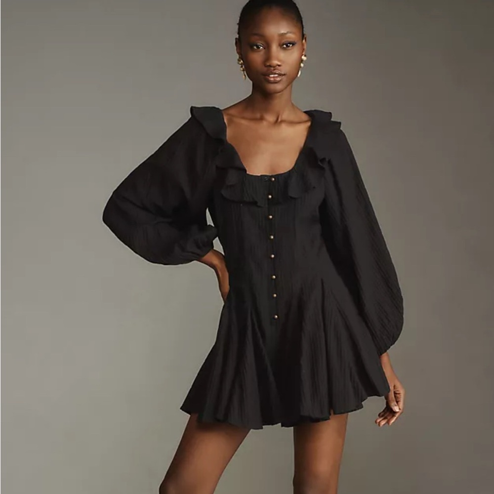 Anthropologie Pilcro Long-Sleeve Ruffled Scoop-Neck Romper black Sz 2‎ NWT